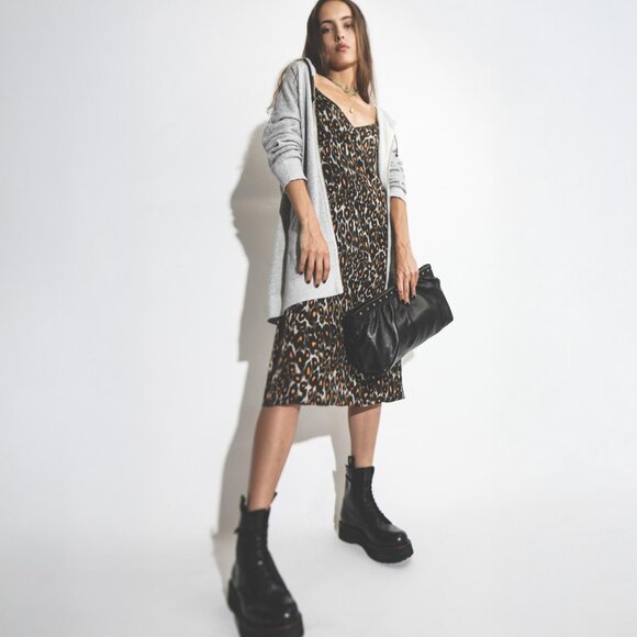 R13 Midi Slip w/ Back Tie in Grey/Orange Leopard - sz Large - Picture 1 of 13